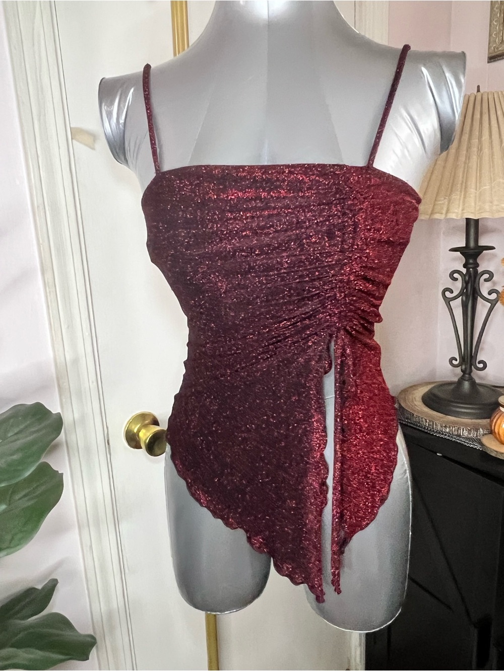 Women’s Sparkle Burgundy Ruched Asymmetrical Cami Top